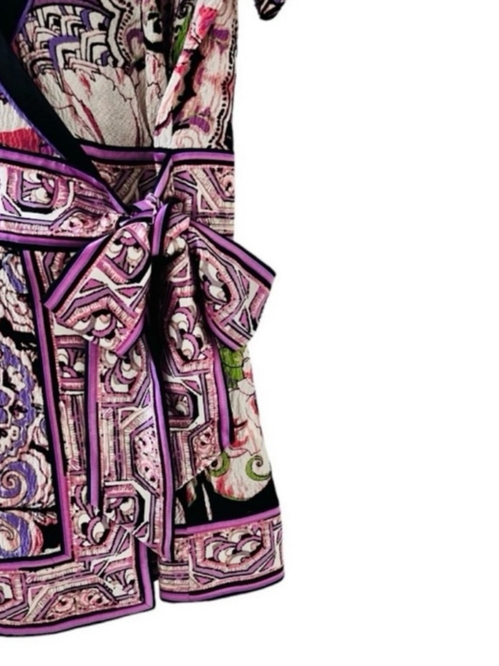 Bebe Pink & Black Floral Print V-Neck Wrap Short Sleeve Silk Blouse Size Medium - Picture 5 of 9